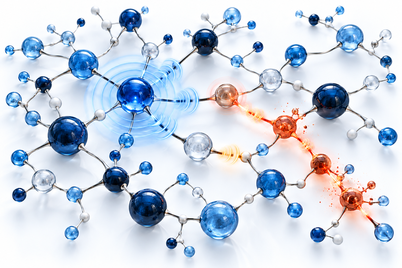 Three-dimensional network showing a disturbance branching through multiple connected pathways